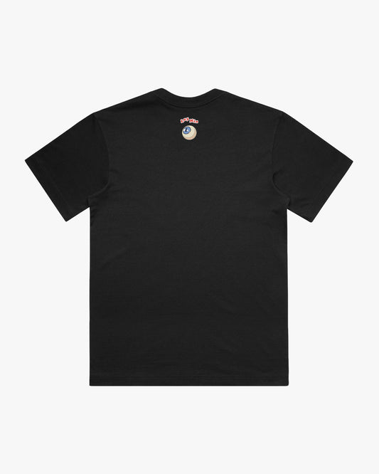 Back of black t-shirt with a small eyeball graphic on the upper back.