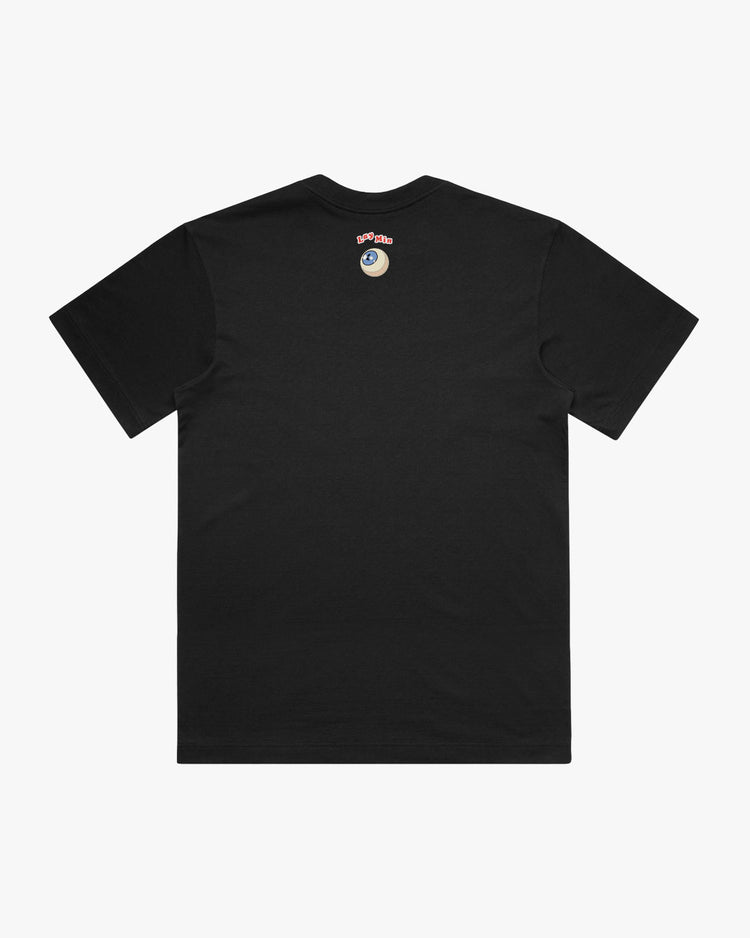 Back of black t-shirt with a small eyeball graphic on the upper back.