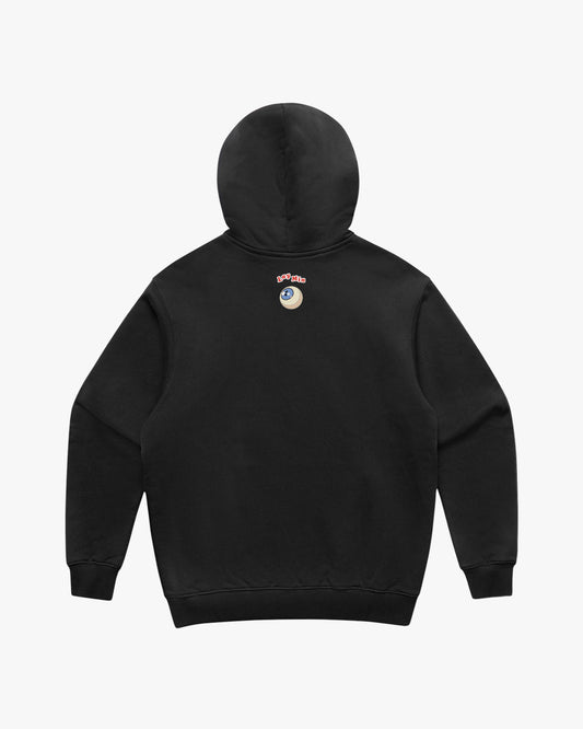 Back of black hoodie with a small eyeball graphic on the upper back.