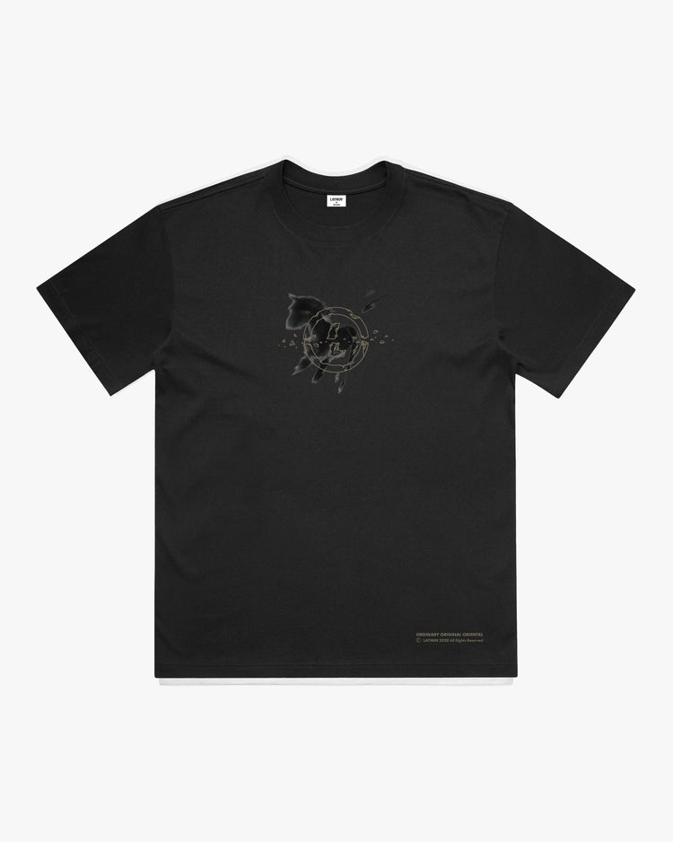 Black t-shirt with a graphic design on the front and hem.