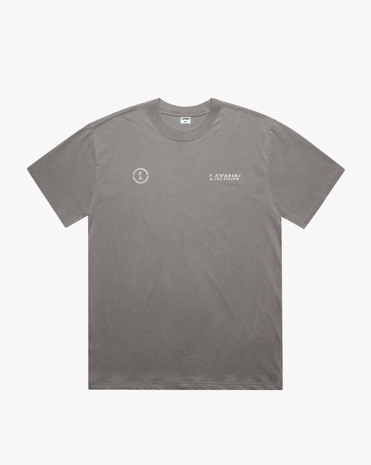 Front t-shirt mockup with logos on left and right chest