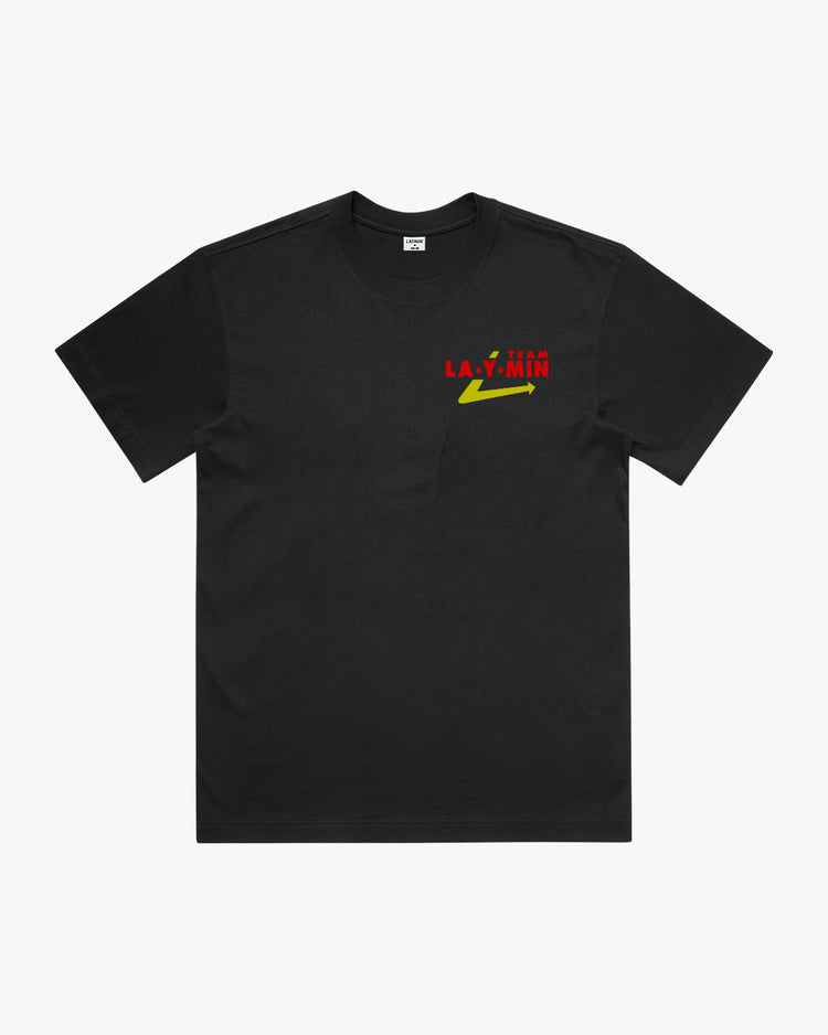 Black t-shirt with red and yellow text logo