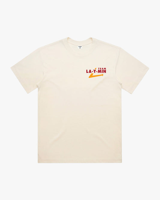Cream t-shirt with red and yellow text