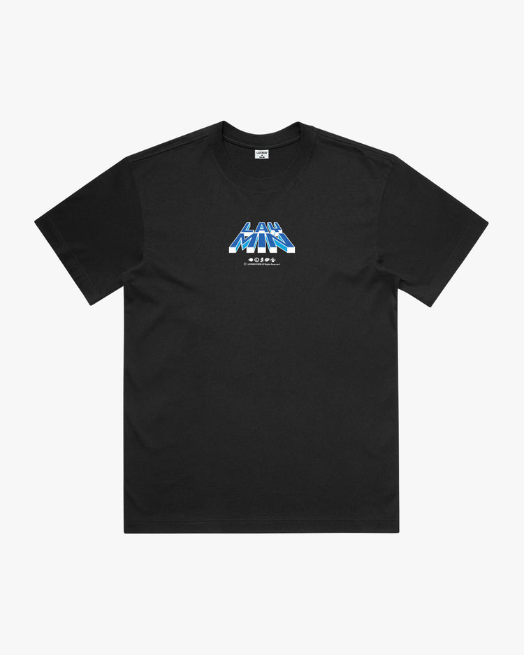Front view of black t-shirt with blue and white graphic design on a white background