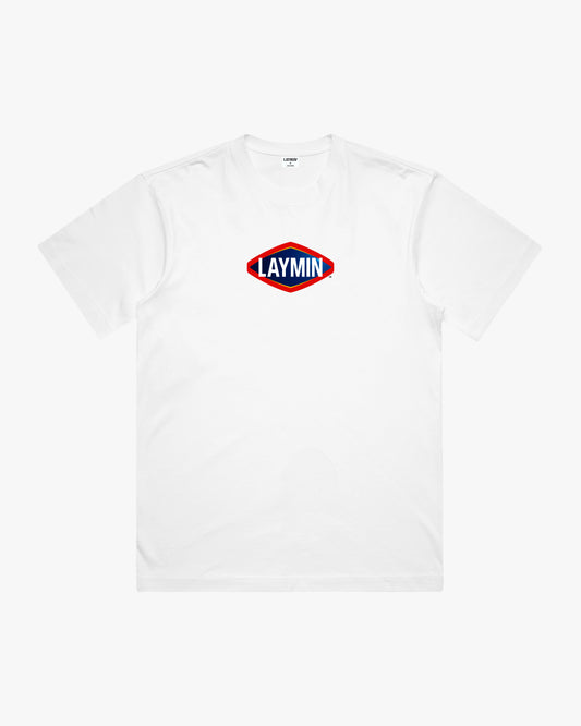 White t-shirt with a red and blue logo on a white background
