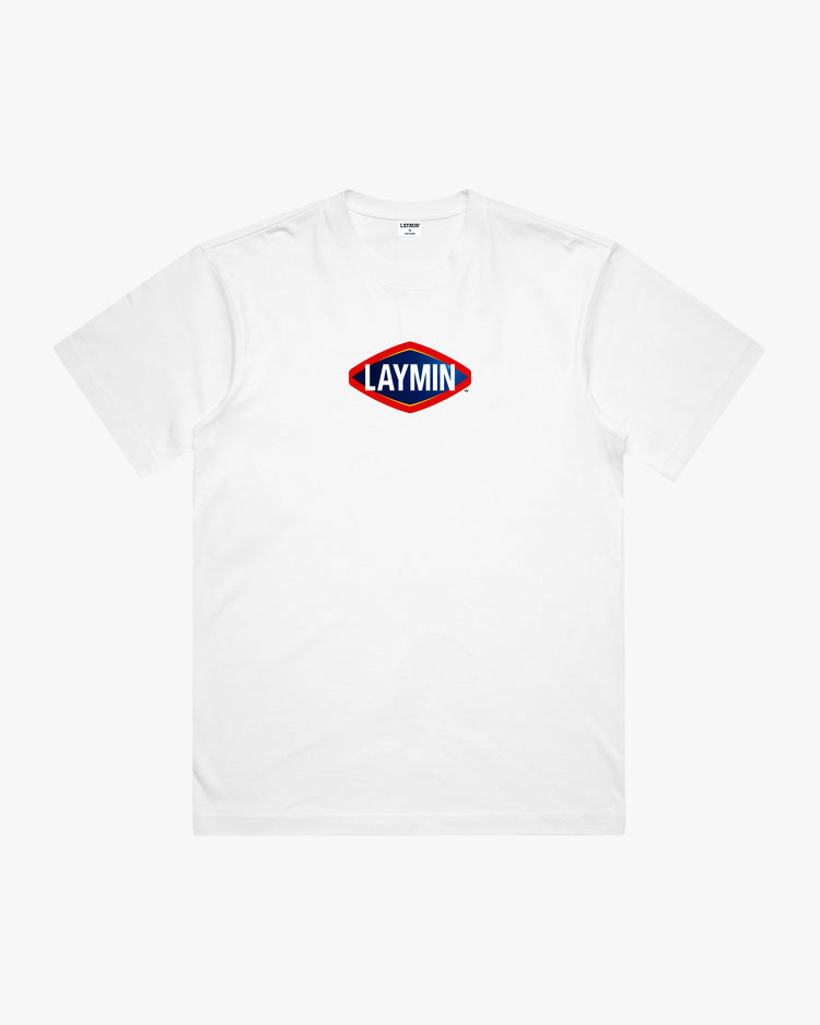 White t-shirt with a red and blue logo on a white background