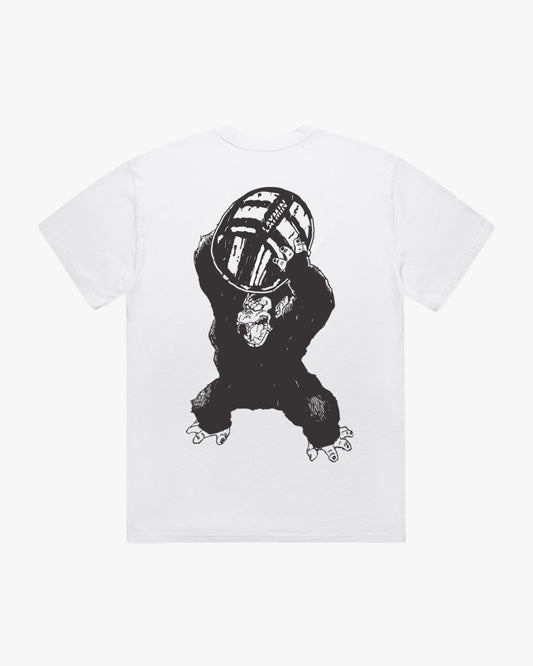 White t-shirt with black graphic of a gorilla holding a barrel on a white background