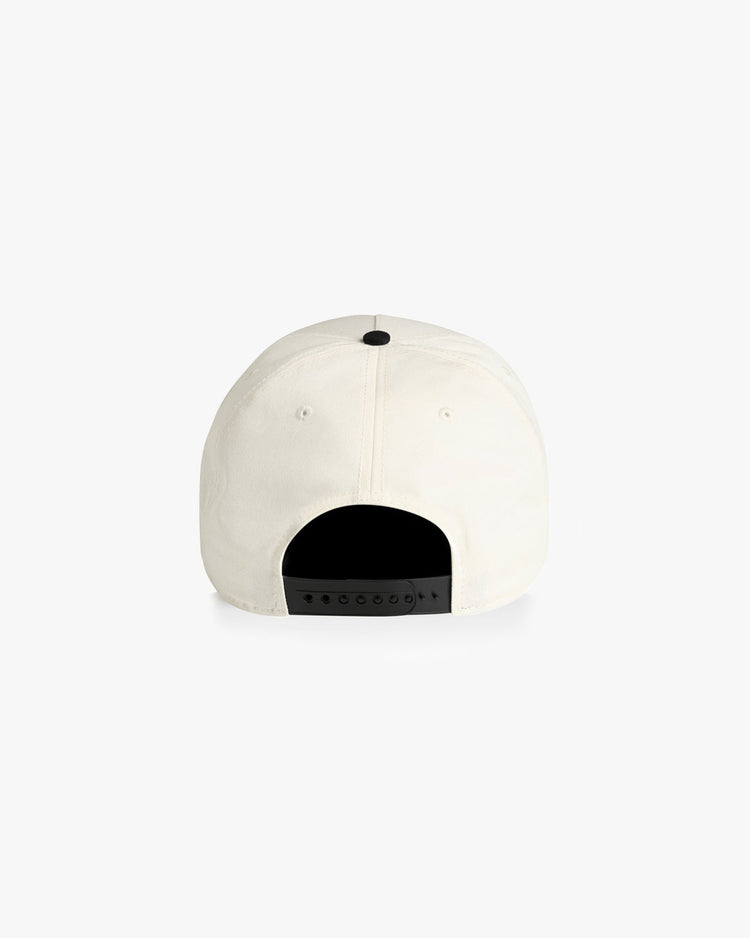 Back of natural color hat with black strapback