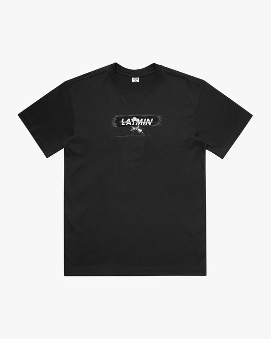 Black t-shirt with 'LAYMIN' logo graphic