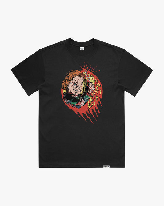 Black t-shirt with a graphic design on a the front