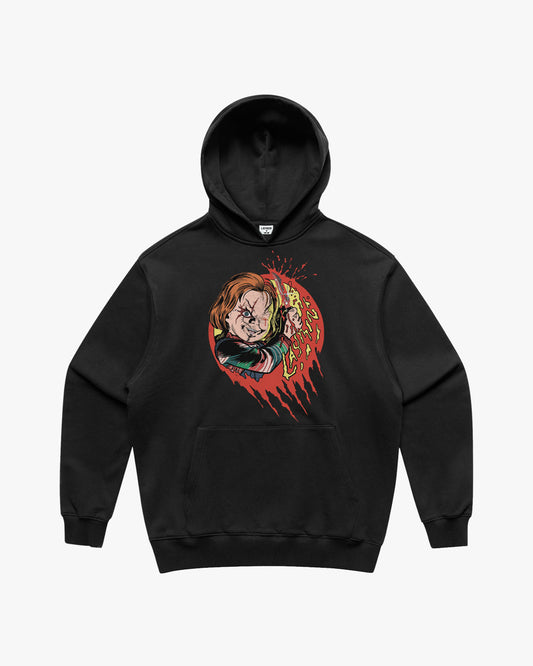 Black hoodie with a graphic design on a the front