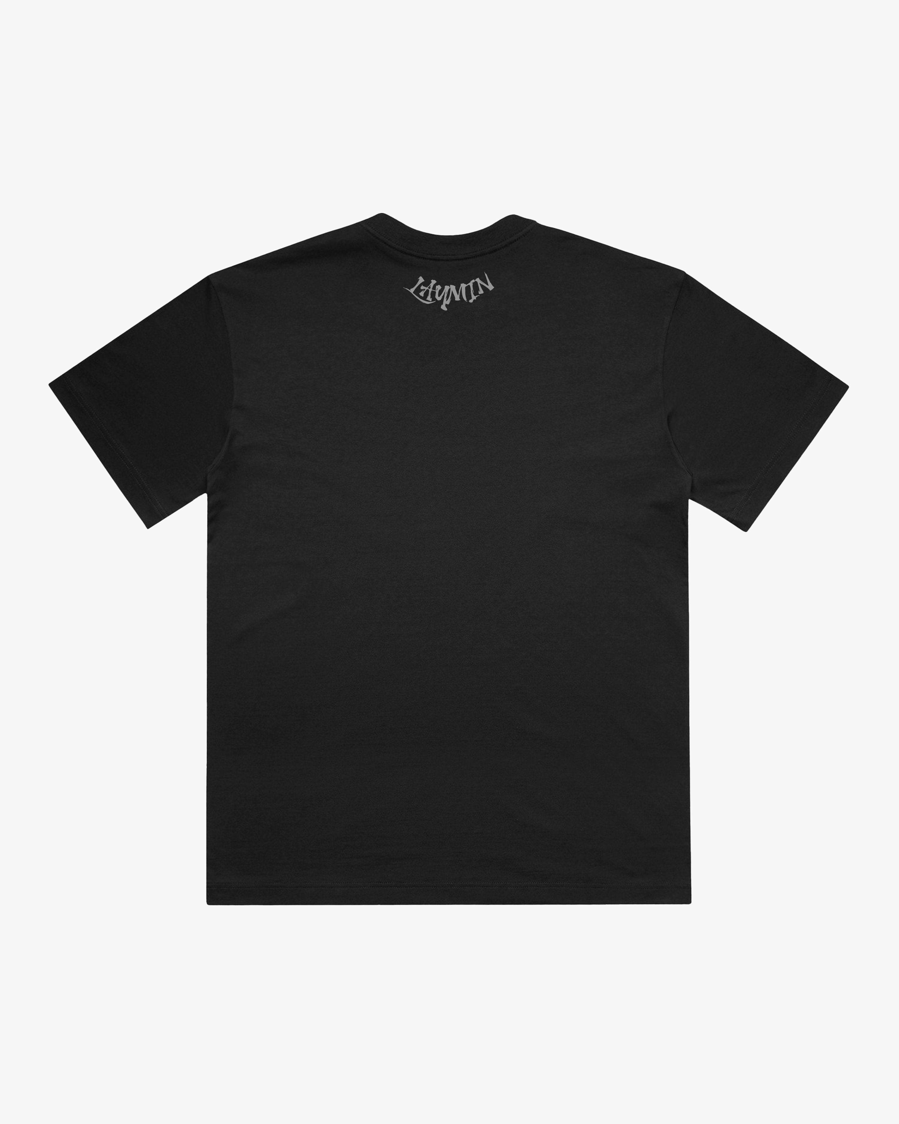 Black t-shirt with a graphic design on a white background
