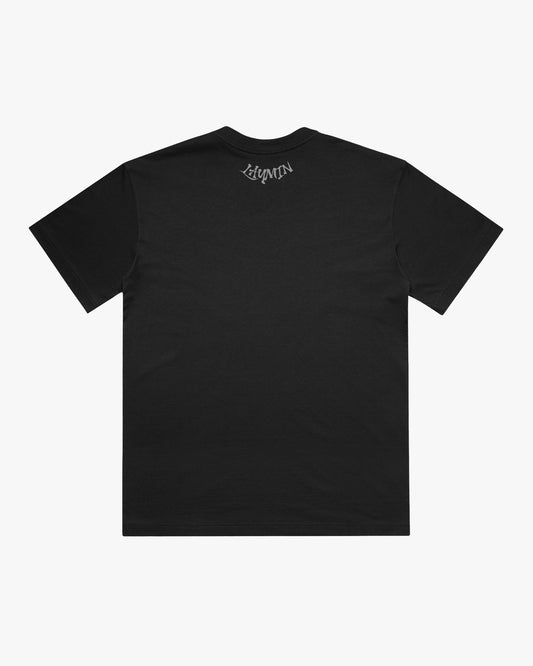 Black t-shirt with a graphic design on a white background