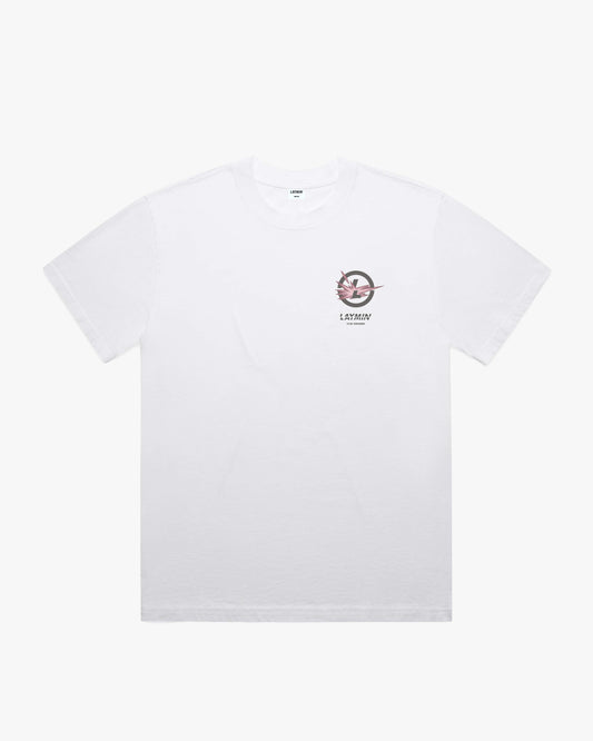 white tee front mockup view with graphic logo