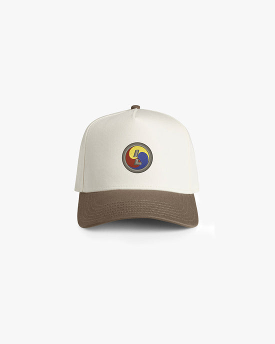 Natural color cap with brown brim and colorful Korean inspired logo on the center