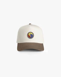 Natural color cap with brown brim and colorful Korean inspired logo on the center