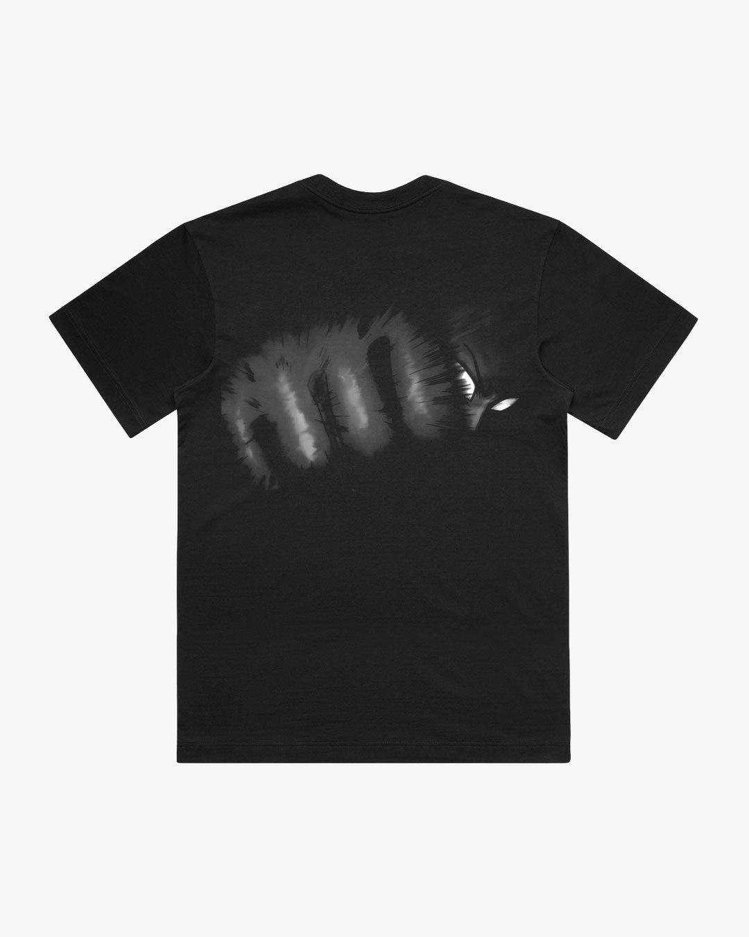Back of a black t-shirt with a unique fist punching design.