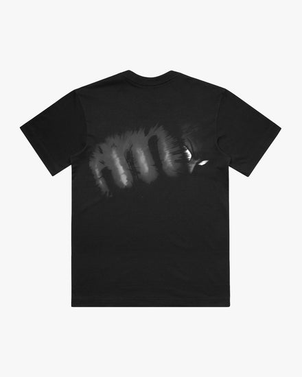 Back of a black t-shirt with a unique fist punching design.