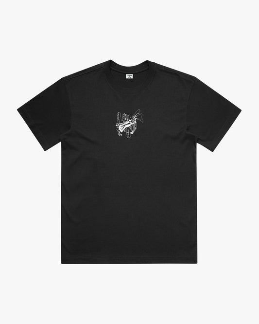 Black t-shirt with a small graphic on the chest