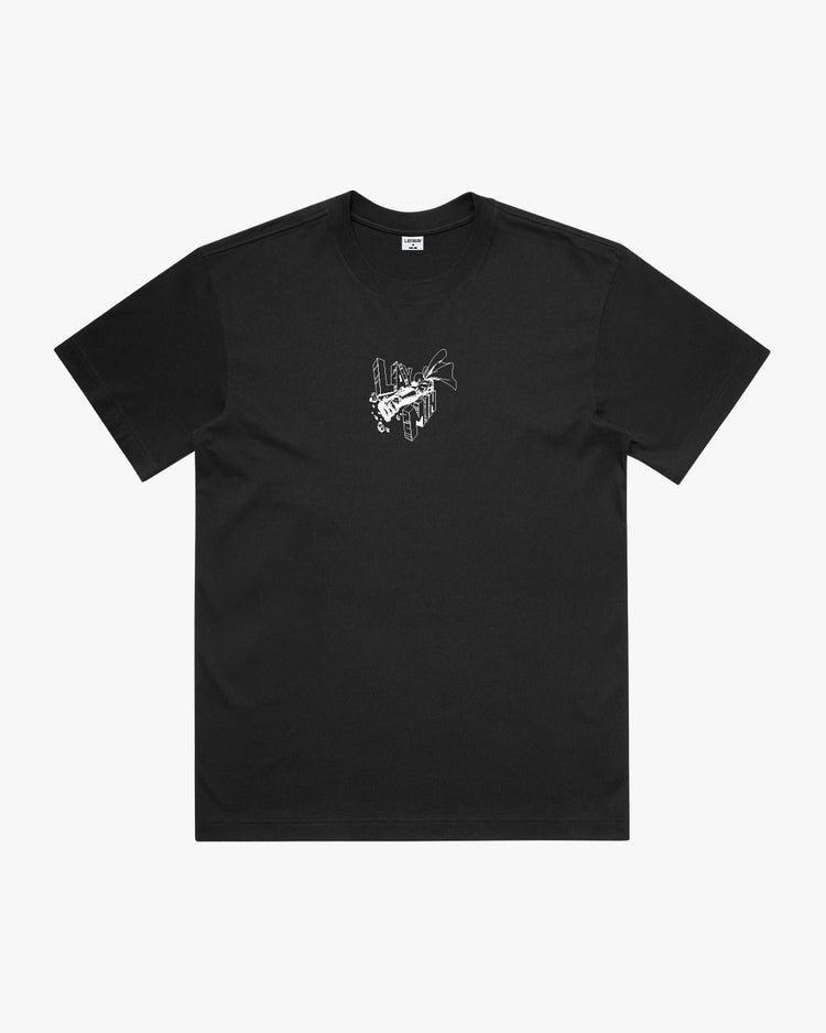 Black t-shirt with a small graphic on the chest