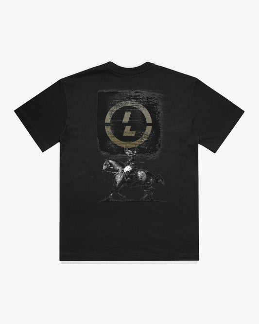 A black short-sleeve t-shirt with a distressed graphic on the back featuring a circular 'L' logo and a horse rider, displayed against a light gray background.