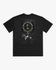 A black short-sleeve t-shirt with a distressed graphic on the back featuring a circular 'L' logo and a horse rider, displayed against a light gray background.