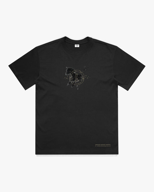 Black t-shirt with a graphic design on the front and hem.