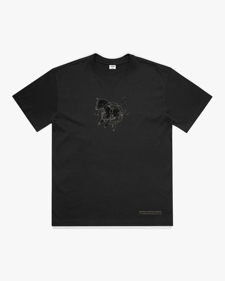 Black t-shirt with a graphic design on the front and hem.