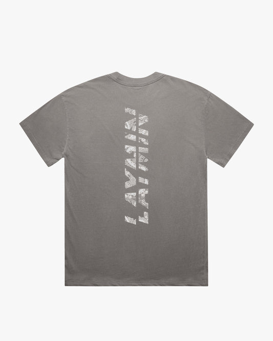 Back t-shirt mock with vertical paisley logo