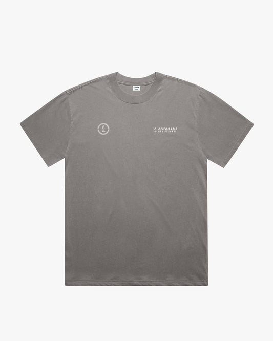 Front t-shirt mockup with logos on left and right chest