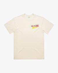 Cream t-shirt with red and yellow text