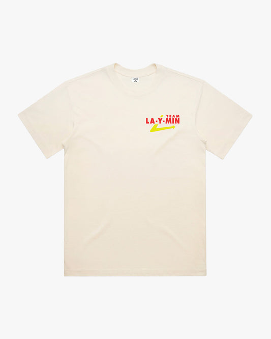 Cream t-shirt with red and yellow text