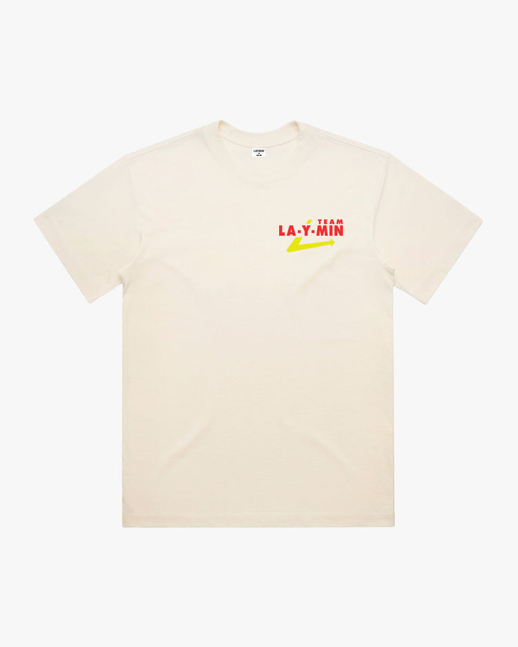 Cream t-shirt with red and yellow text