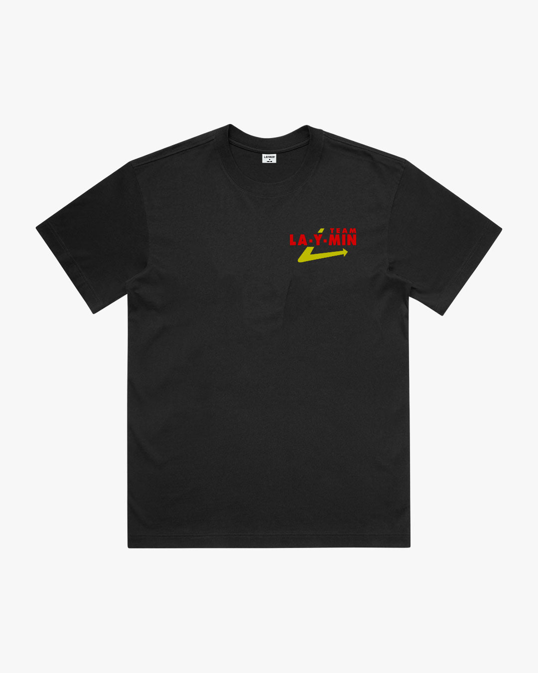 Black t-shirt with red and yellow text logo