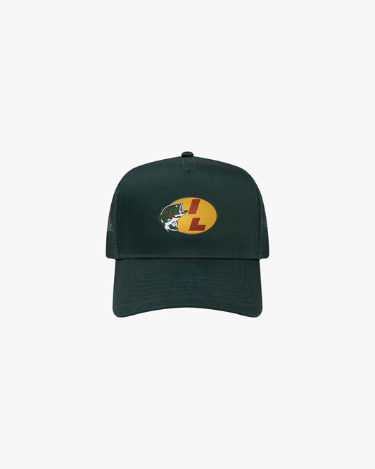 Dark green cap with a fish and yellow logo
