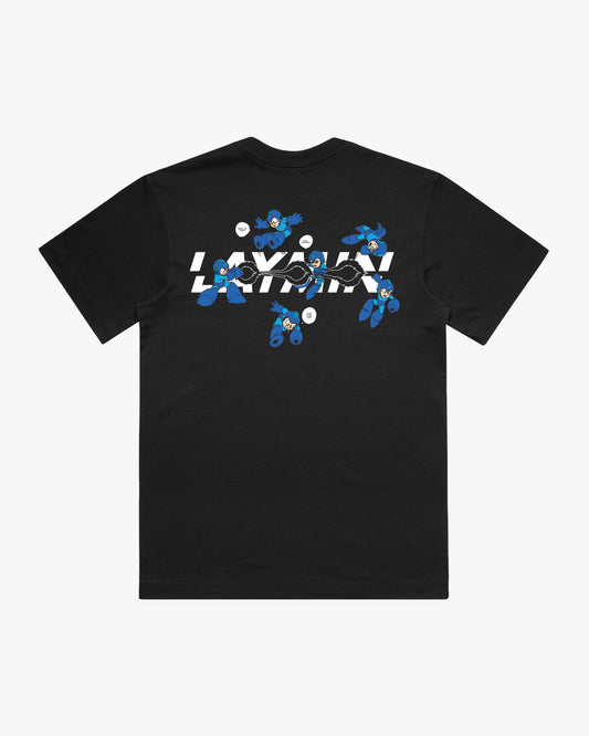 Back view of black t-shirt with blue and white graphic design on a white background