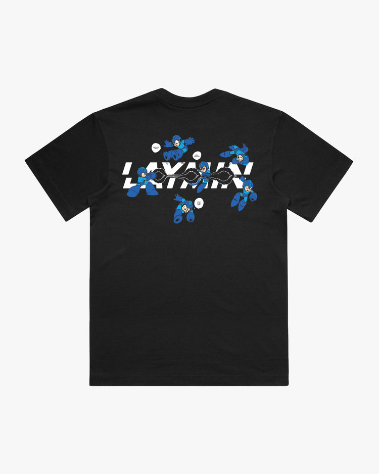 Back view of black t-shirt with blue and white graphic design on a white background
