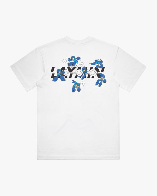 Back view of white t-shirt with blue and black graphic design on a white background