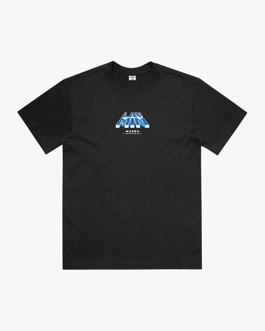 Front view of black t-shirt with blue and white graphic design on a white background