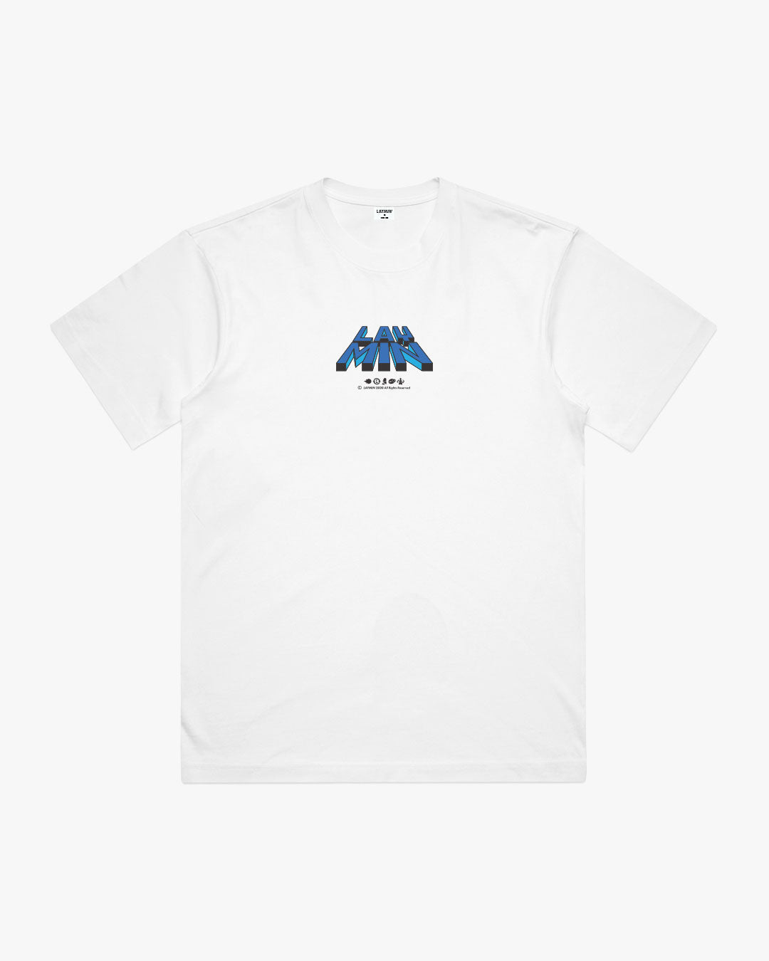 Front view of white t-shirt with blue and black graphic design on a white background