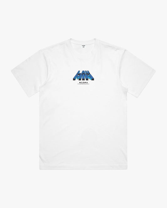 Front view of white t-shirt with blue and black graphic design on a white background