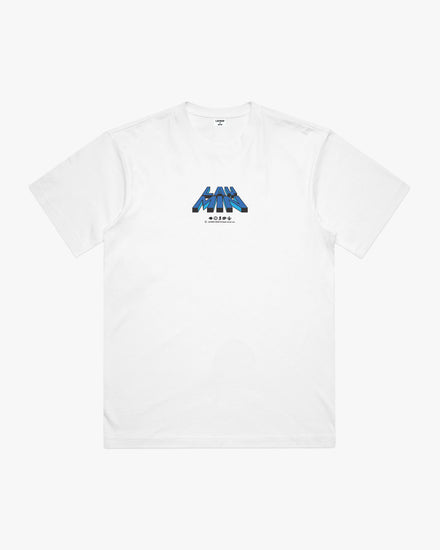 Front view of white t-shirt with blue and black graphic design on a white background