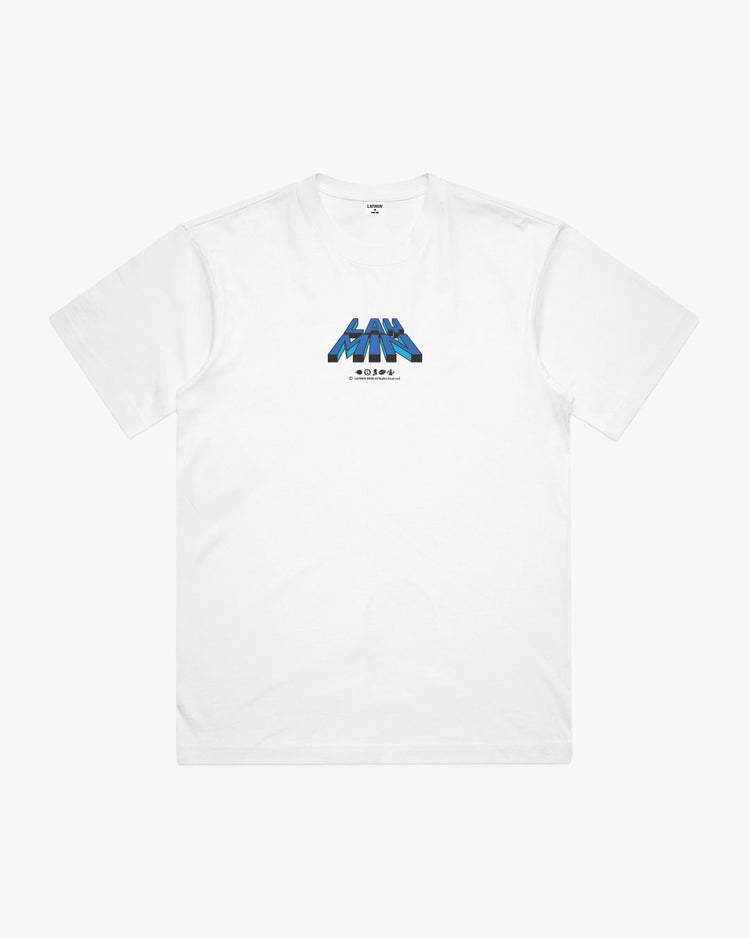 Front view of white t-shirt with blue and black graphic design on a white background