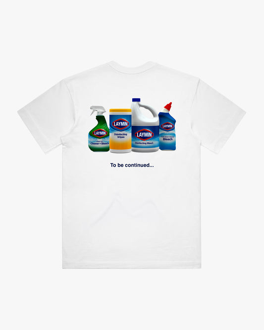 White t-shirt with Laymin brand cleaning products on a white background