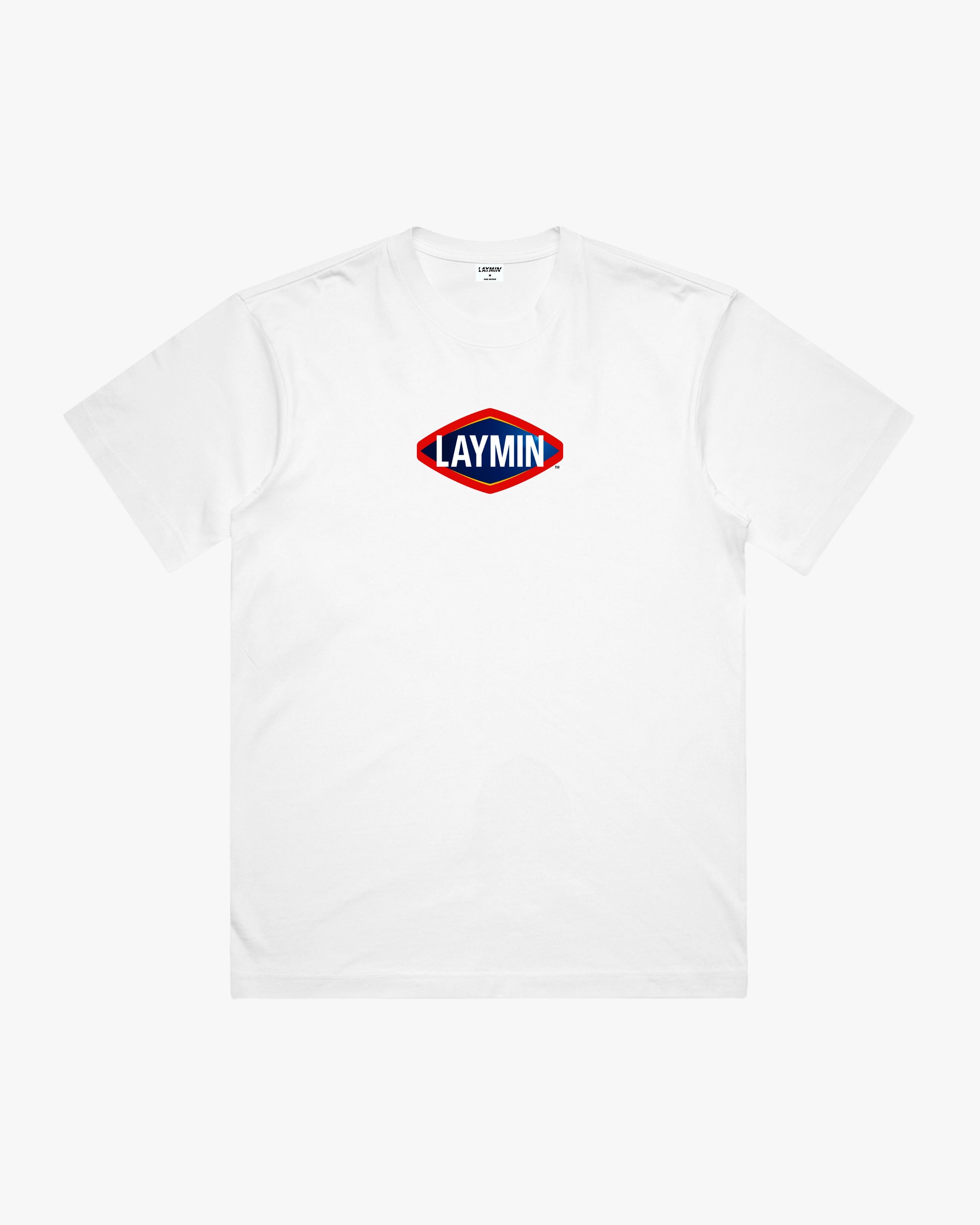White t-shirt with a red and blue logo on a white background