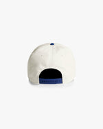 White cap with blue accents on a white background