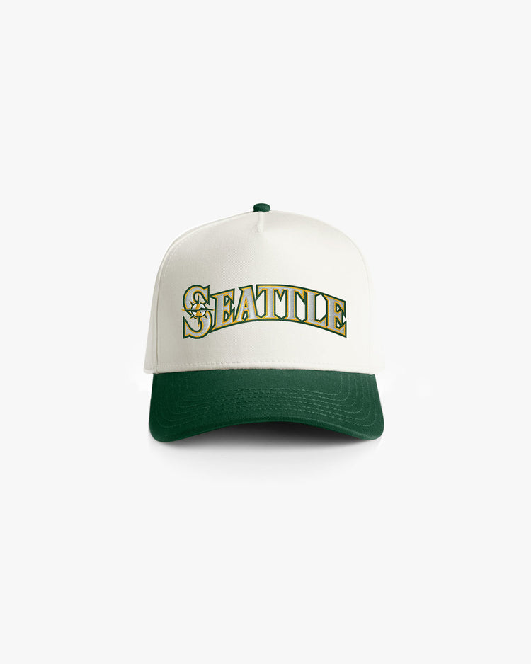 Natural and green brim cap with a Seattle style logo