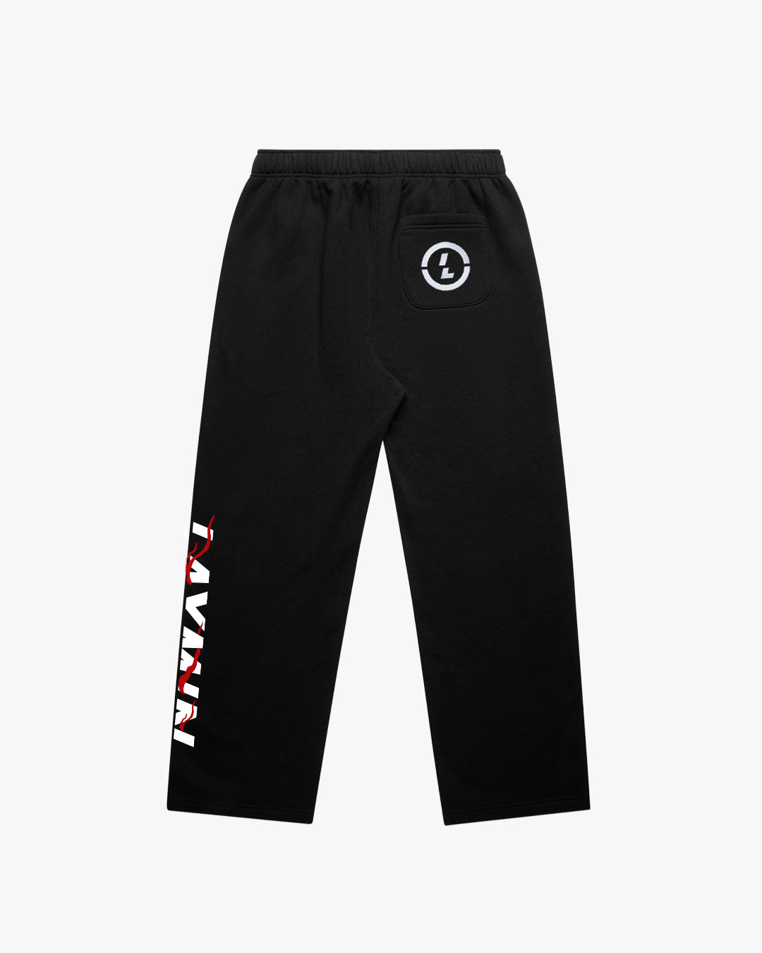 Black pants with a logo on the back pocket and LAYMIN logo on the side.