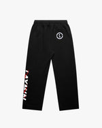 Black pants with a logo on the back pocket and LAYMIN logo on the side.