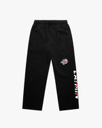 Black pants with a tiger design and LAYMIN logo